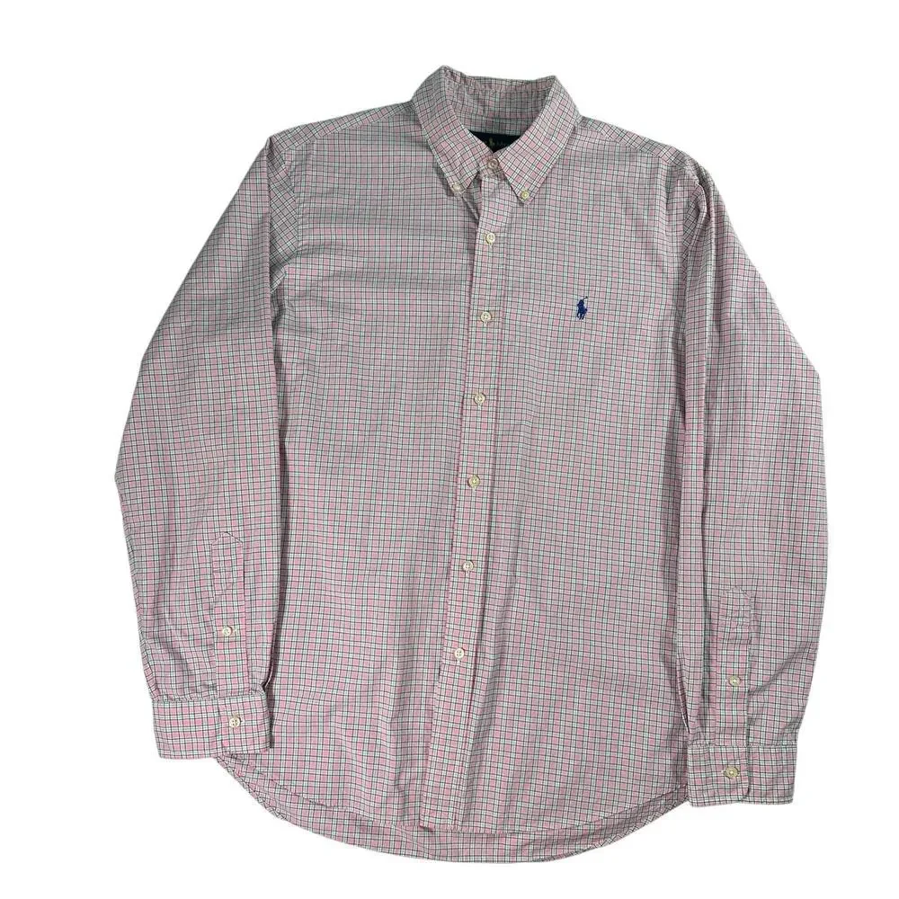 Ralph Lauren Pink Plaid Long Sleeve Button Down Collared Dress Shirt Cotton Sz L